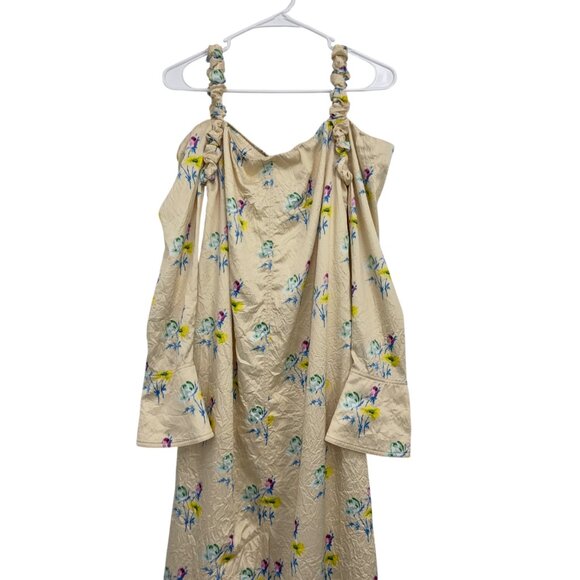 Ganni Floral Crinkled Satin Off-Shoulder Slit Maxi Dress Bell Sleeves Size 36 - Picture 2 of 16